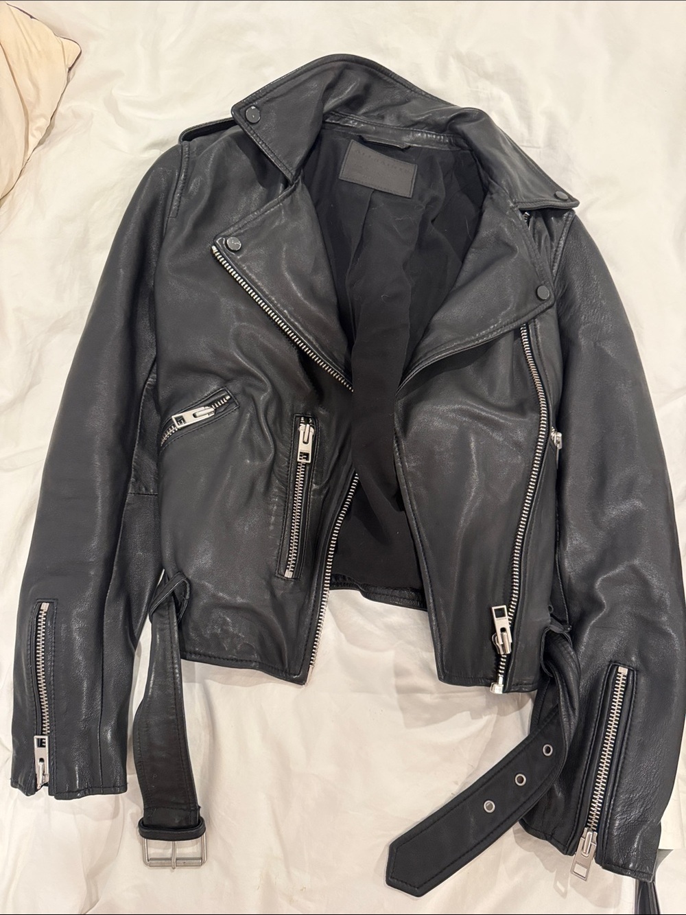 AllSaints Black Leather Biker Jacket with Silver Hardware